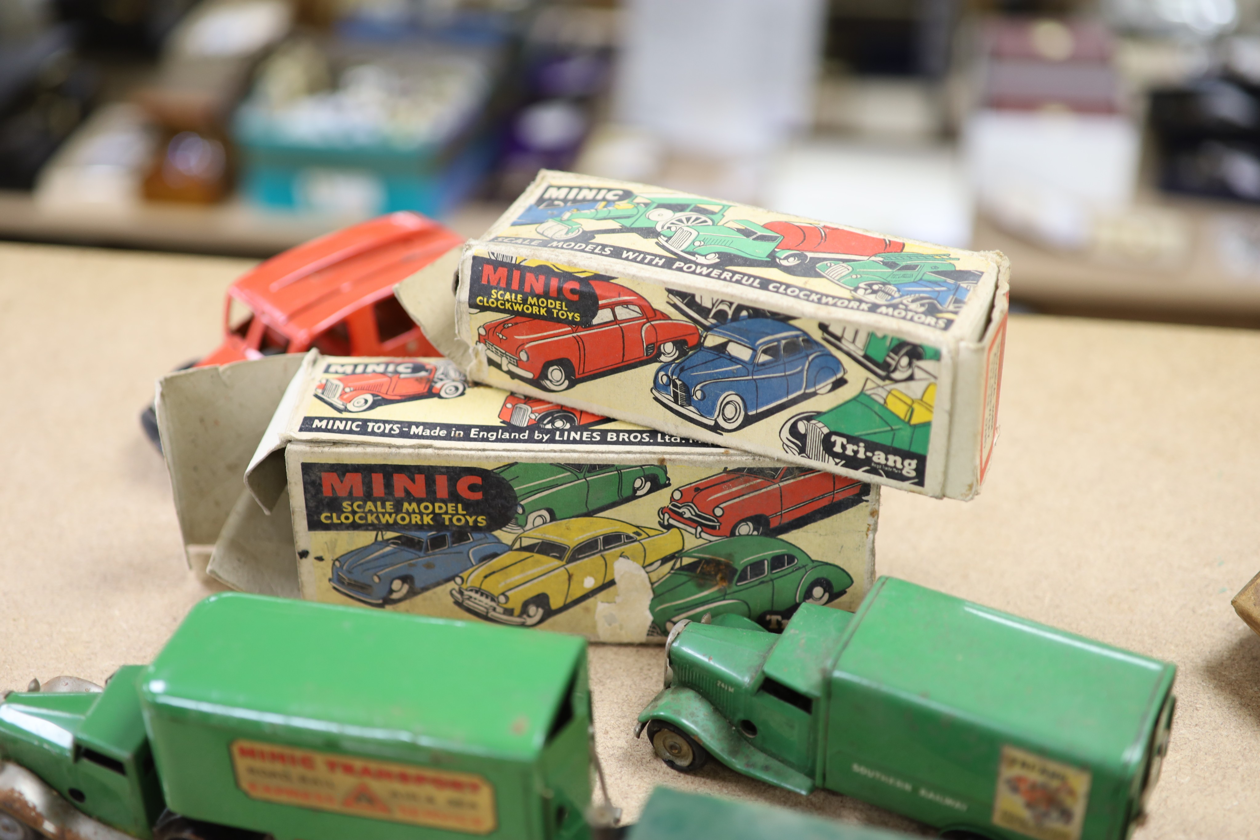 A box of Dinky cars, Hornby loco, Minic, Meccano etc